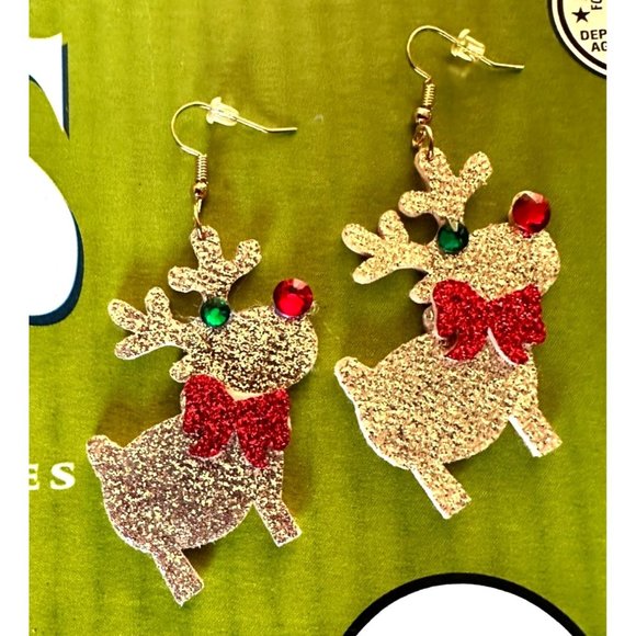 Rudolph Reindeer Earrings Handmade Christmas Whimsical Hooks Glitter Acc… - Picture 9 of 12